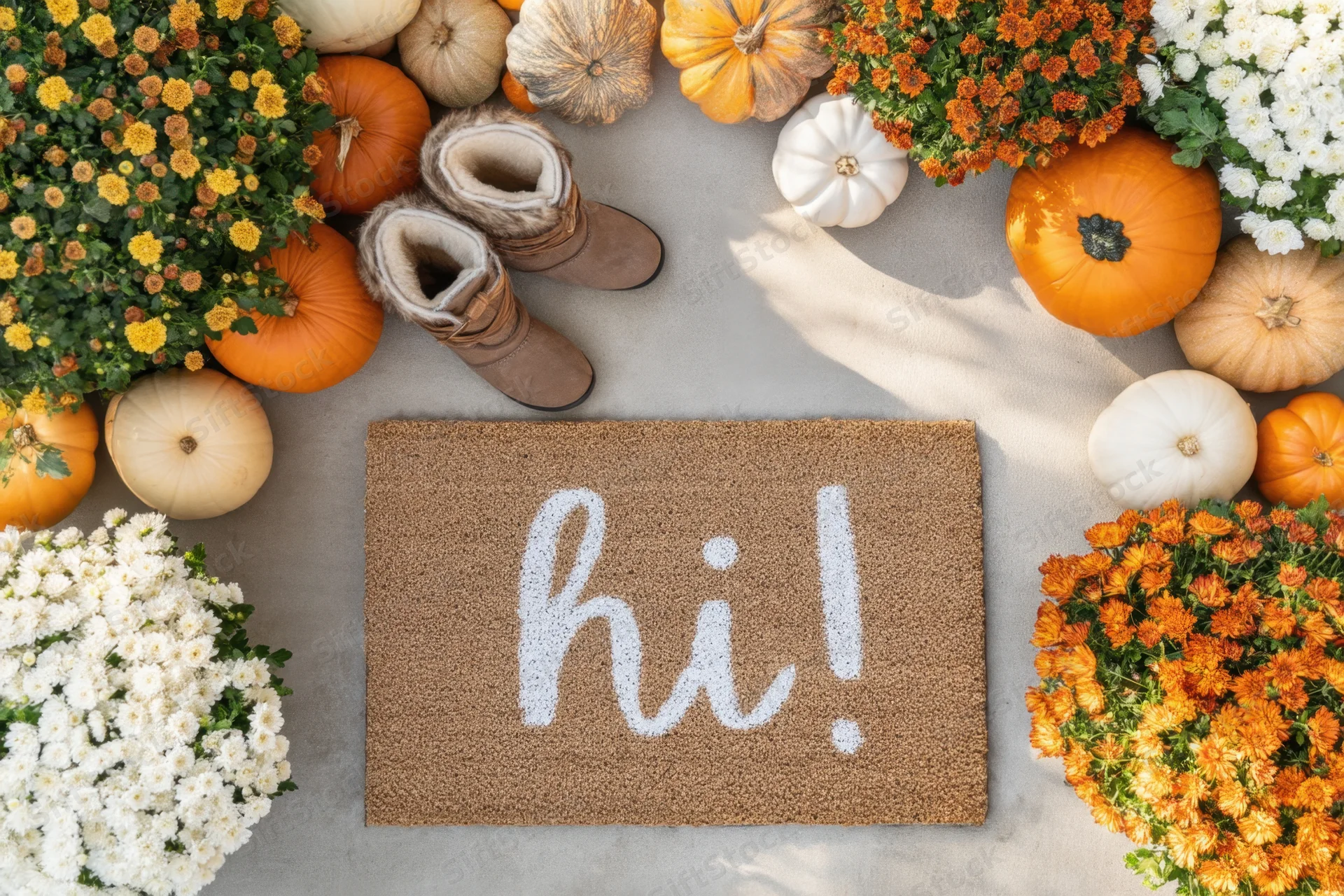 Doormat with hi greeting surrounded by pumpkins and flowers on porch floor