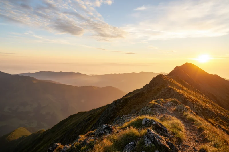 Mountain ridge at sunset overlooking layered valleys and distant peaks