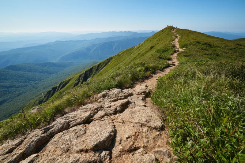 Narrow dirt path winding along grassy mountain ridge with distant valley views under clear blue sky