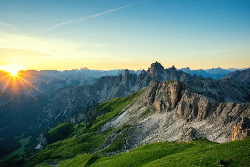 Mountain range at sunrise with green slopes and rocky peaks under clear sky