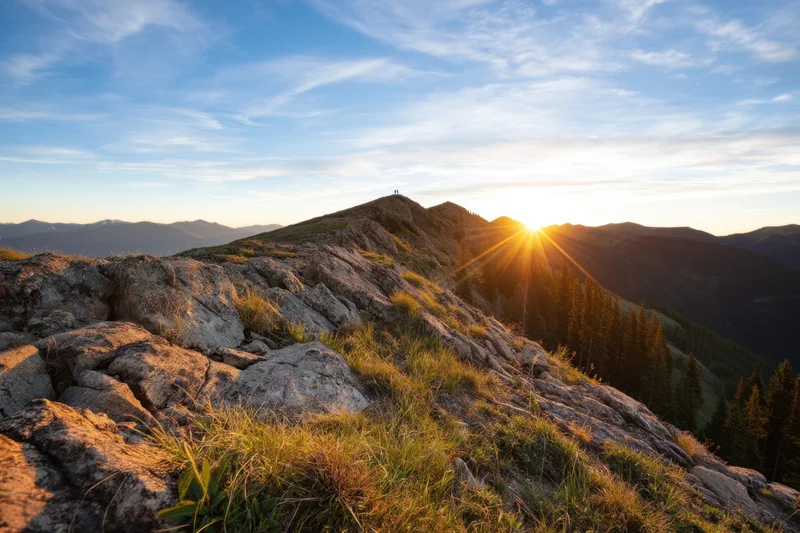 Sunrise over a rocky mountain peak with forested valley below