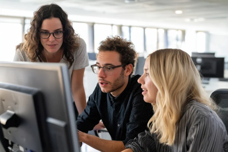 Three colleagues collaborating around a computer in a bright modern office