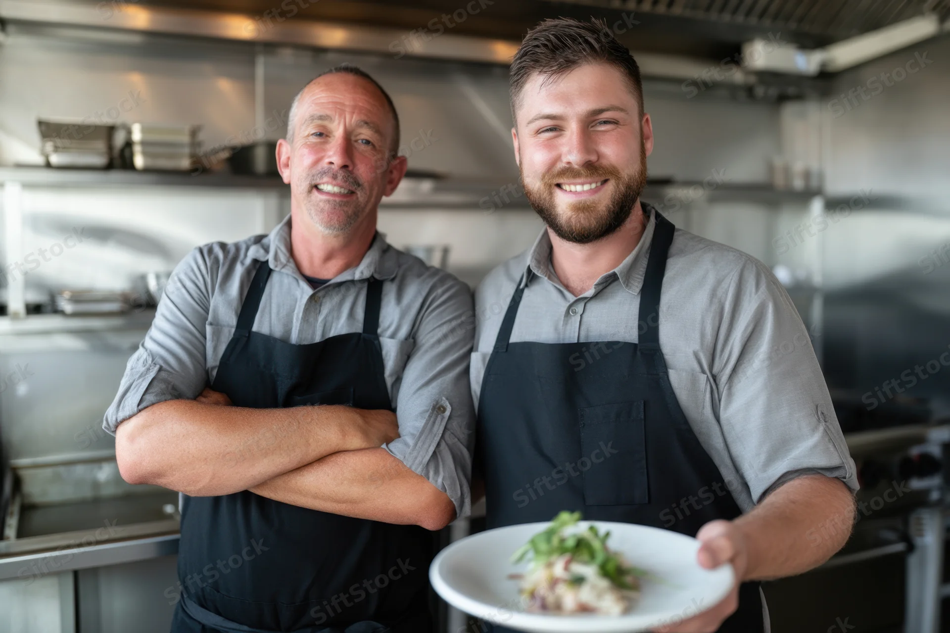 Two chefs in a stainless steel kitchen holding a plated dish, one smiling with arms crossed