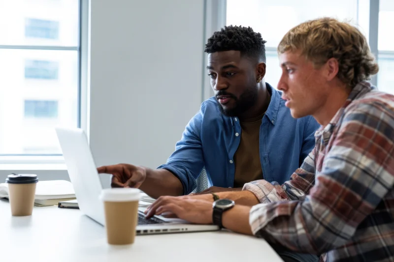 Two colleagues collaborating at a bright office desk using a laptop