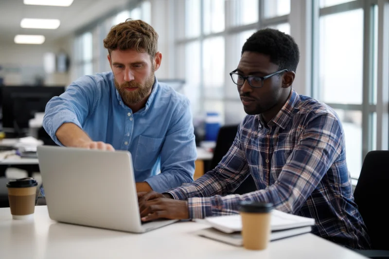 Two men collaborating on a laptop at a bright office desk