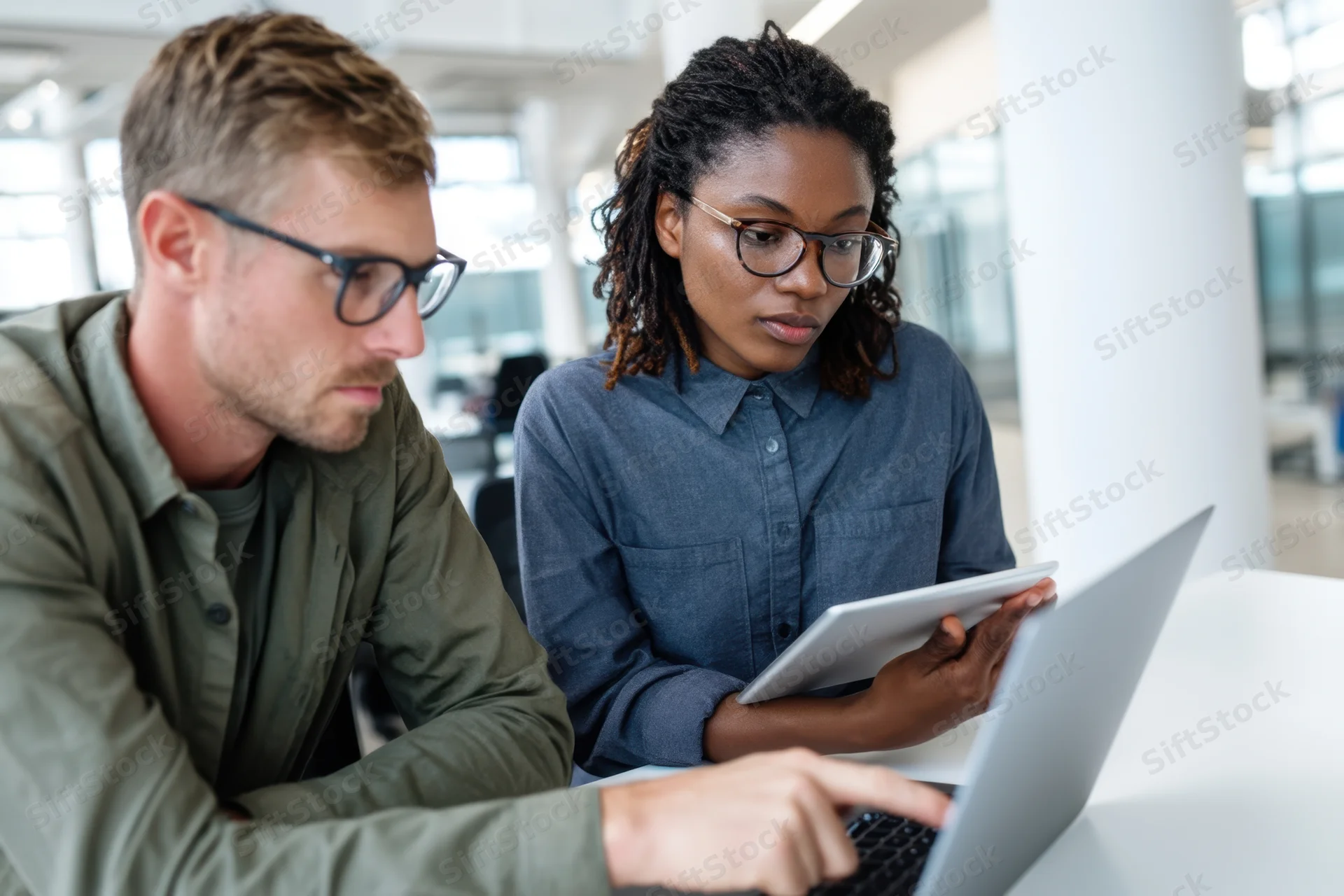 Two coworkers collaborating on a laptop and tablet in a modern office