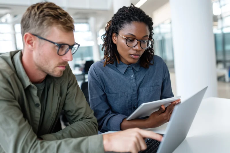 Two coworkers collaborating on a laptop and tablet in a modern office