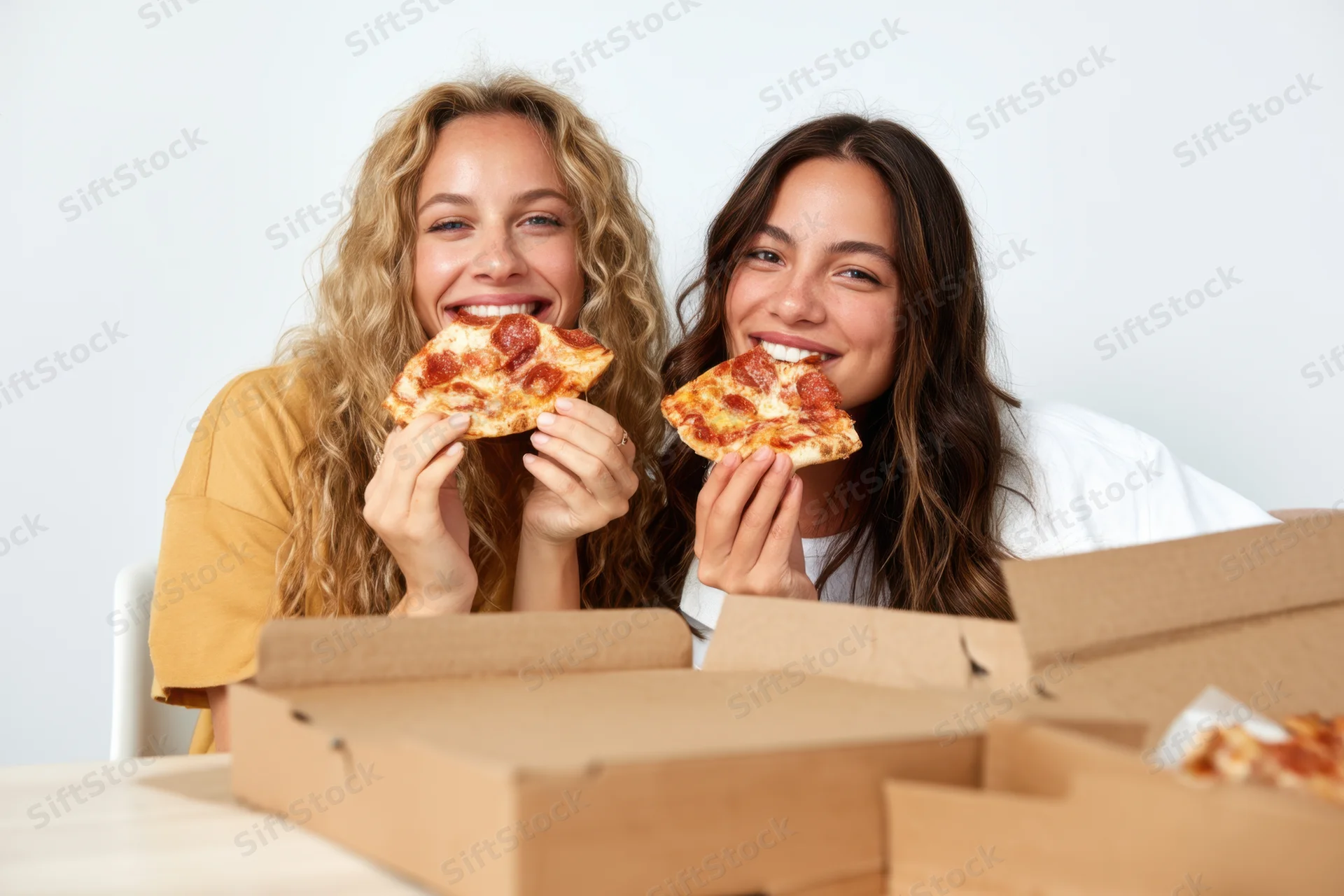 Two women smiling while eating pepperoni pizza slices at a table in a bright studio