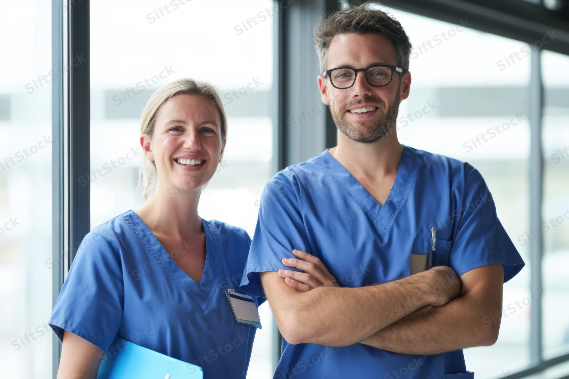 Two healthcare professionals in blue scrubs standing by a large window in a modern clinic interior