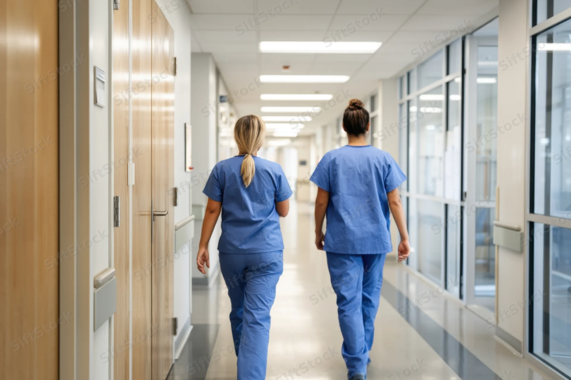 Two nurses in blue scrubs walking down a hospital corridor