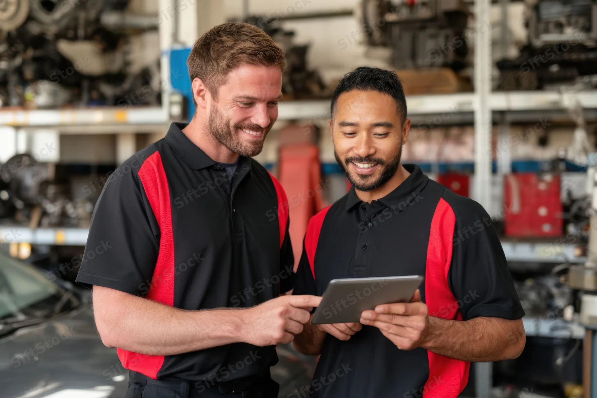 Two technicians in matching black polo shirts with red panels using a tablet in a workshop