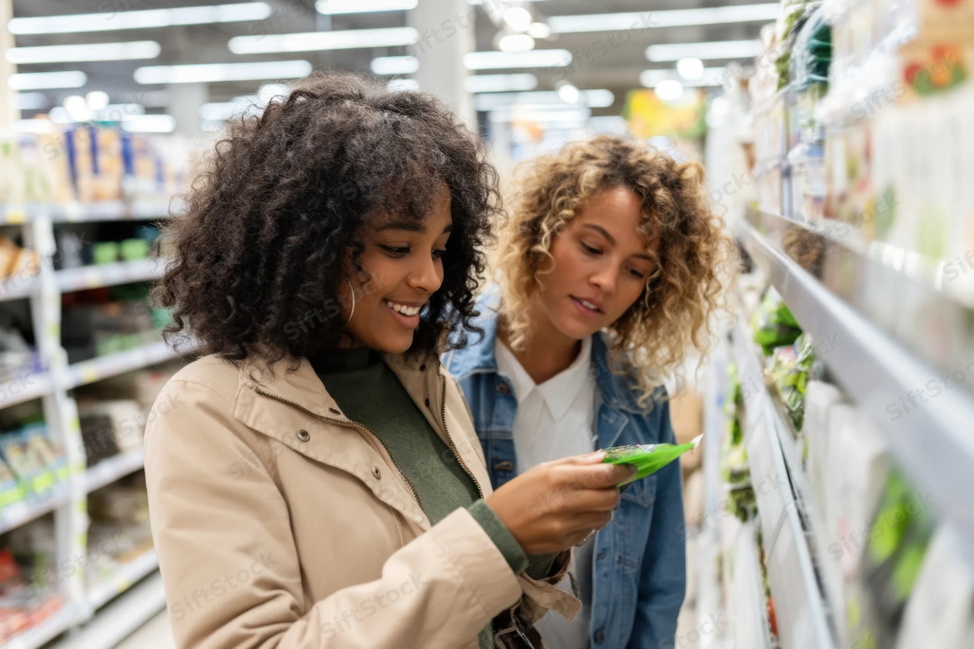 Two women reading a food product label in a grocery store aisle