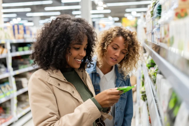 Two women reading a food product label in a grocery store aisle