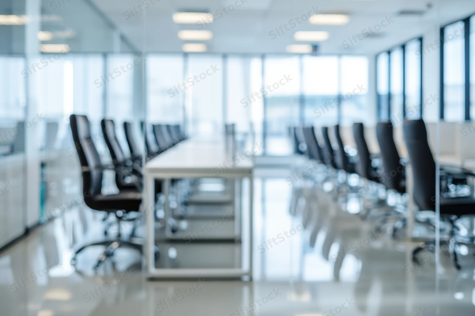 Long white conference table with black chairs in a bright modern office room with glass walls and large windows