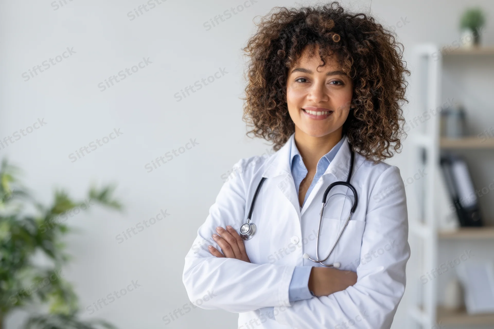 Female doctor with arms crossed smiling in a clinic office