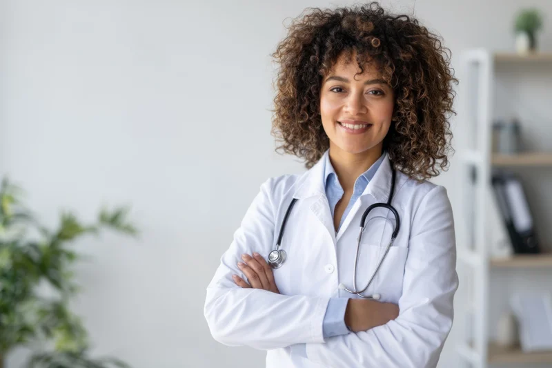 Female doctor with arms crossed smiling in a clinic office