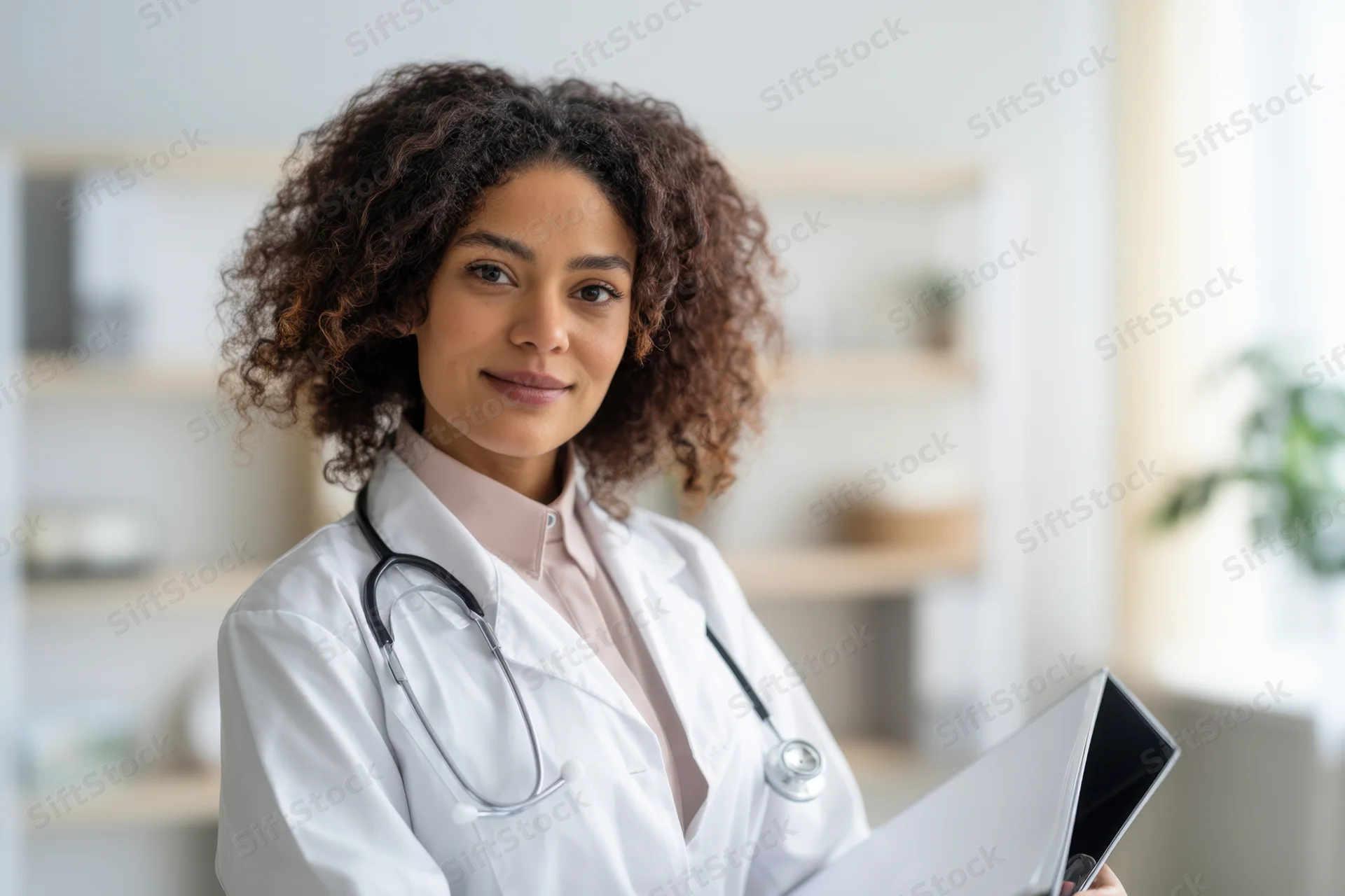 Woman doctor in white lab coat holding folder in clinic office