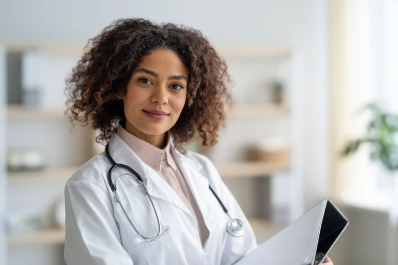 Woman doctor in white lab coat holding folder in clinic office