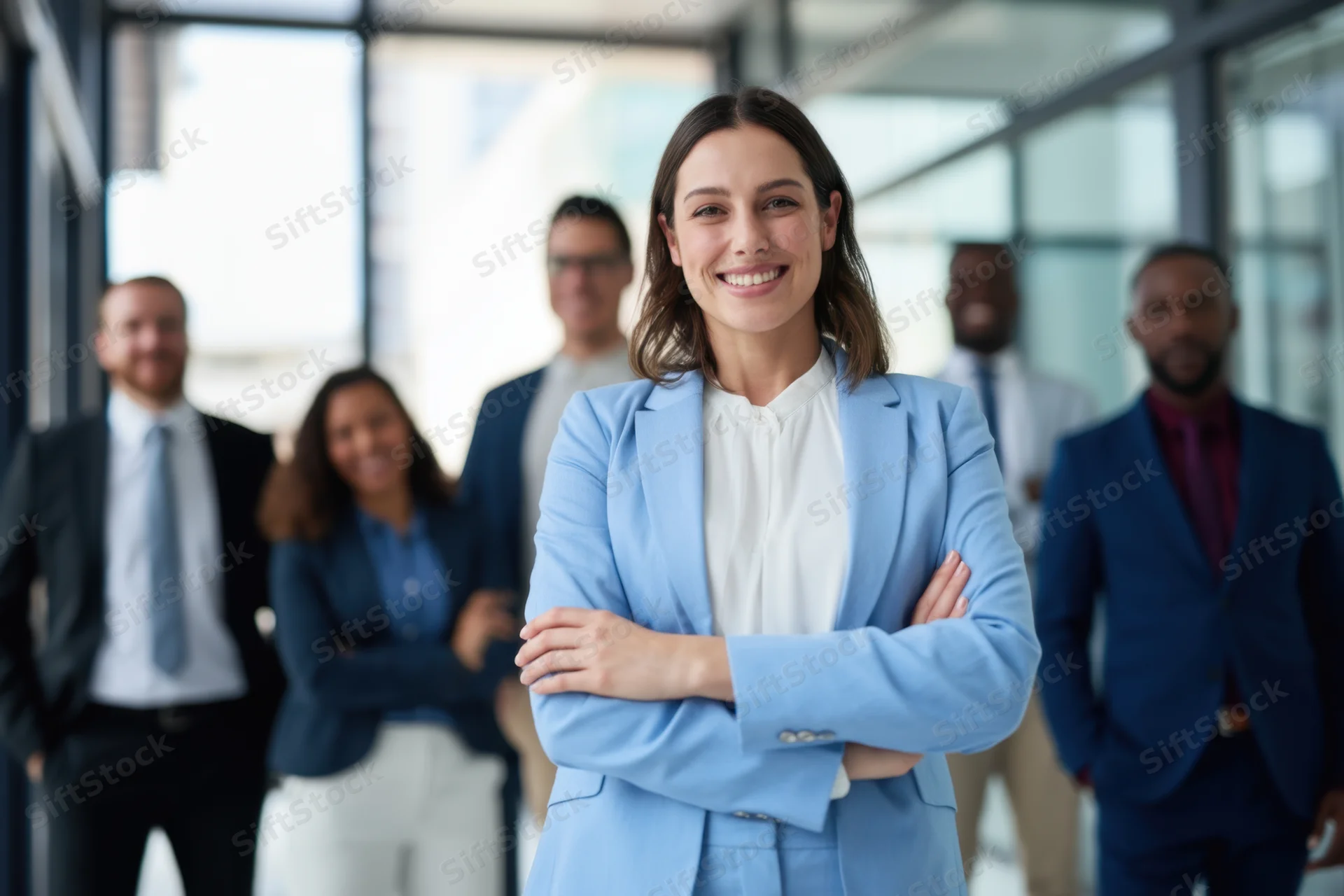 Woman in blue suit with arms crossed smiling in front of diverse team in modern office