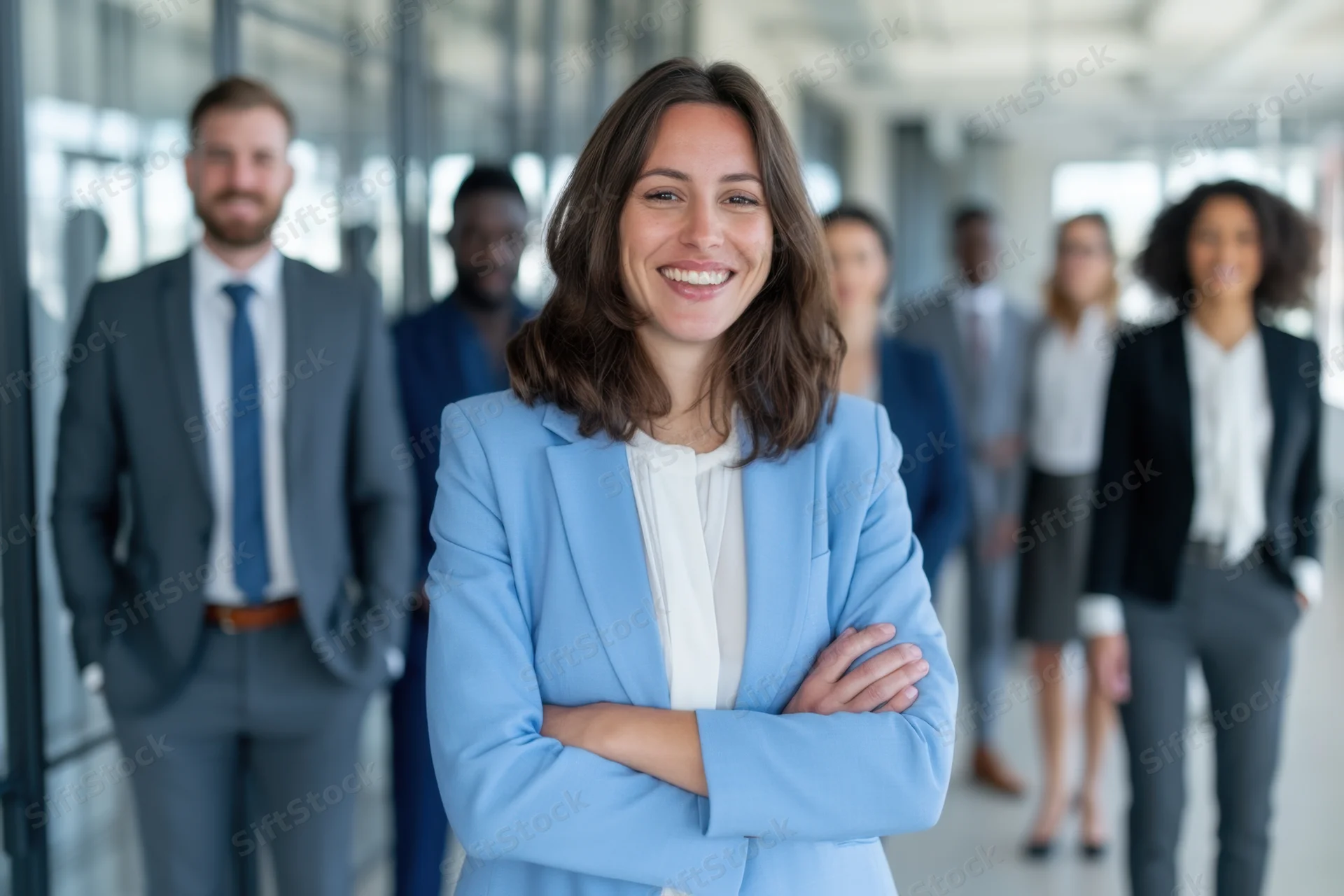 Woman in blue blazer smiling with arms crossed in modern office hallway with diverse team behind her