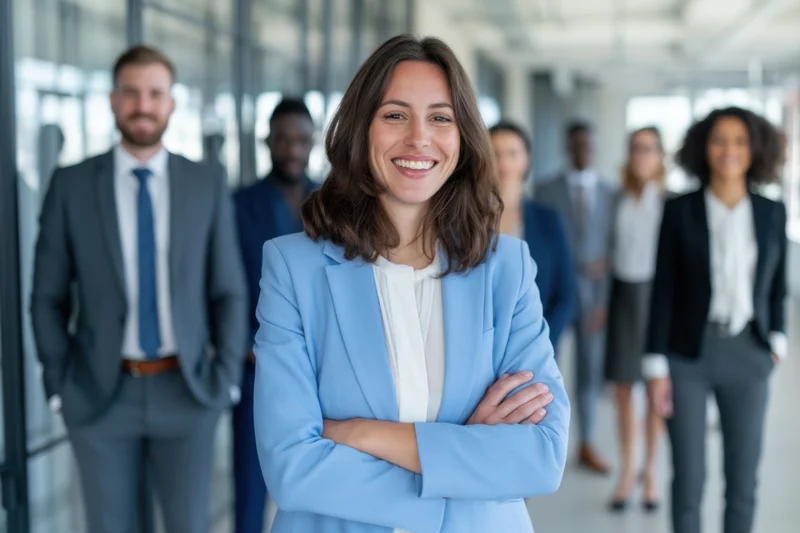 Woman in blue blazer smiling with arms crossed in modern office hallway with diverse team behind her