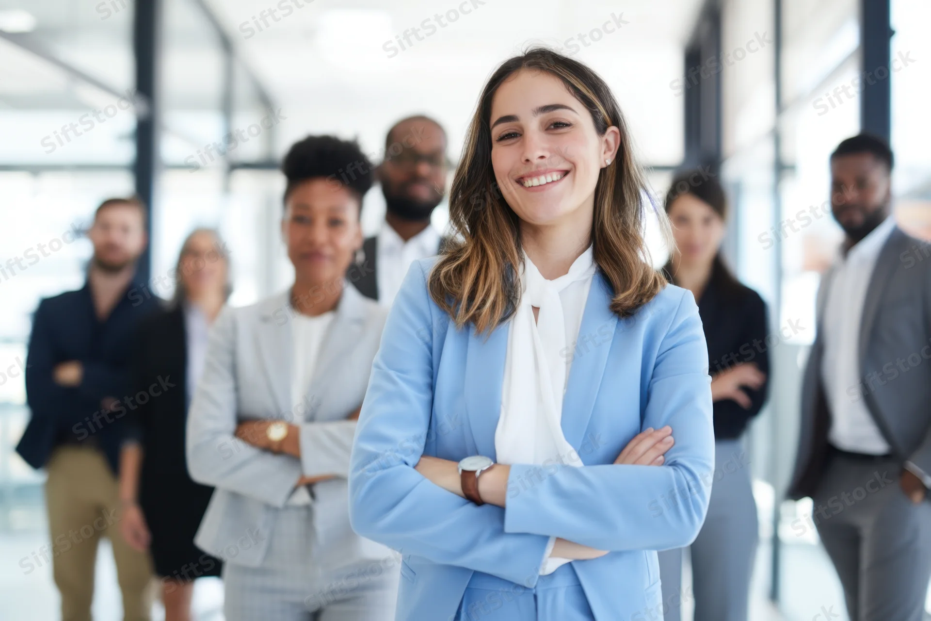Woman in blue suit smiling with arms crossed in front of diverse team in modern office