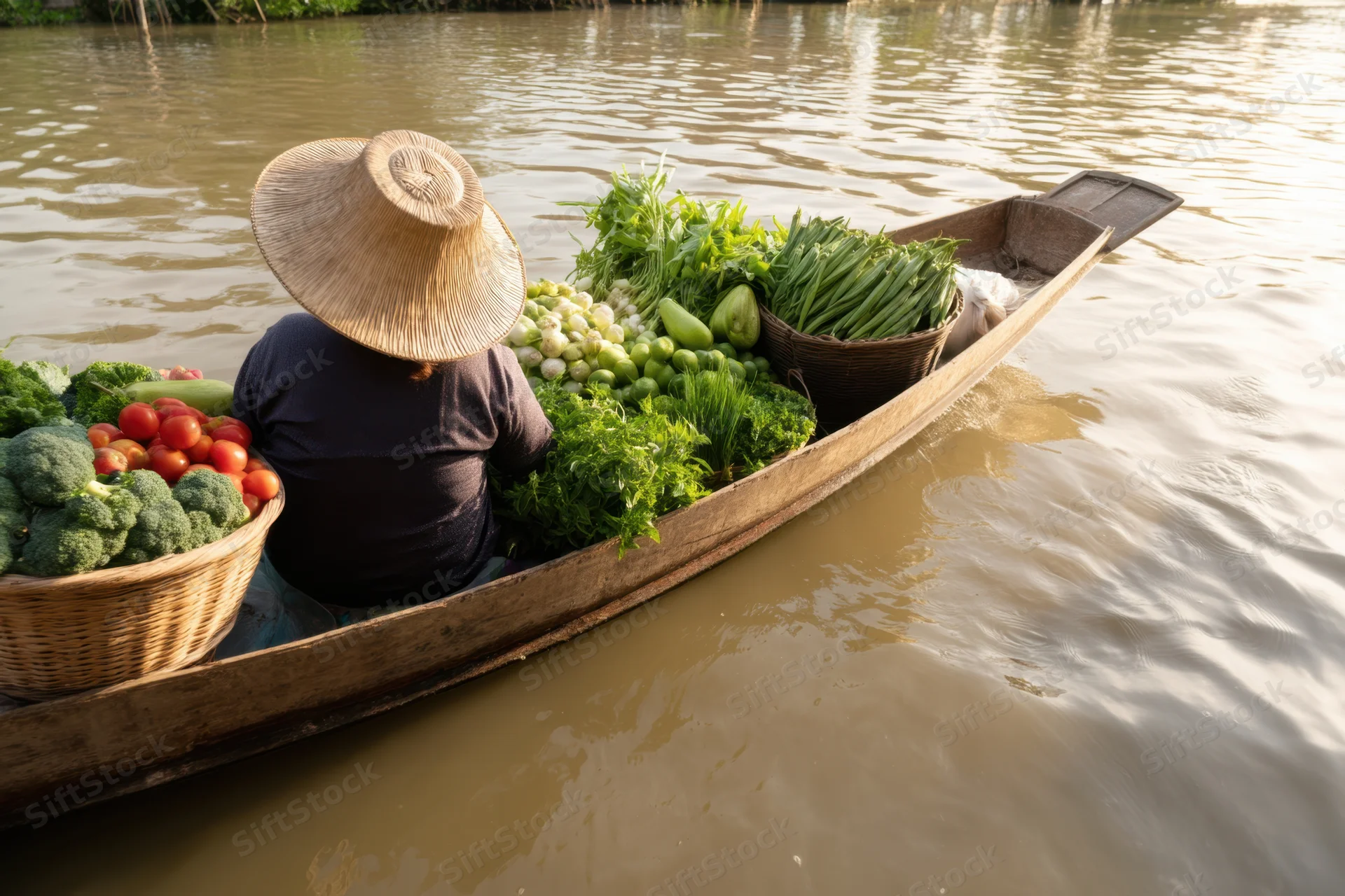 Woman vendor in a wooden boat filled with fresh vegetables on a river at daylight