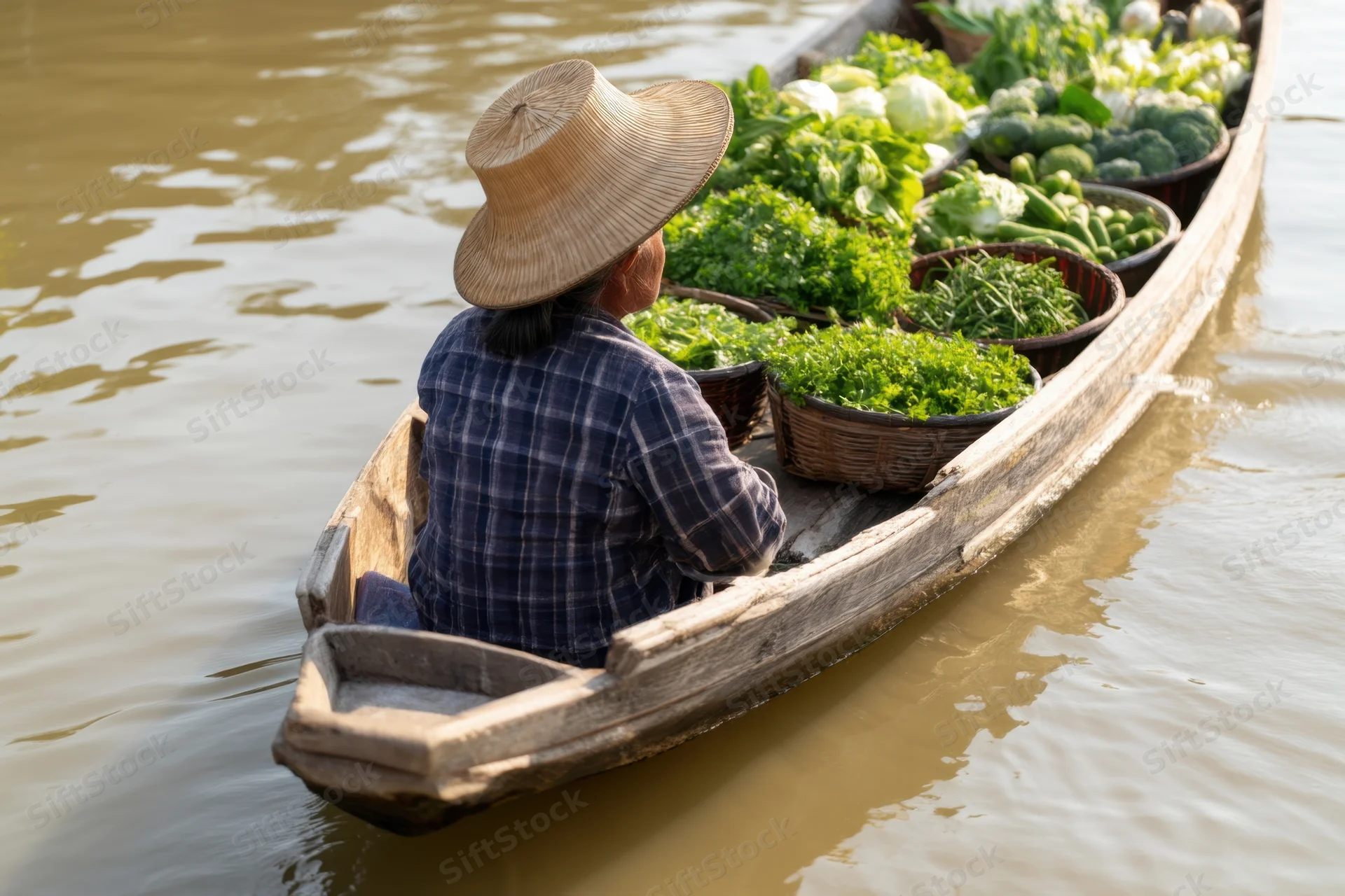 Woman vendor in wooden boat carrying baskets of fresh vegetables on a river