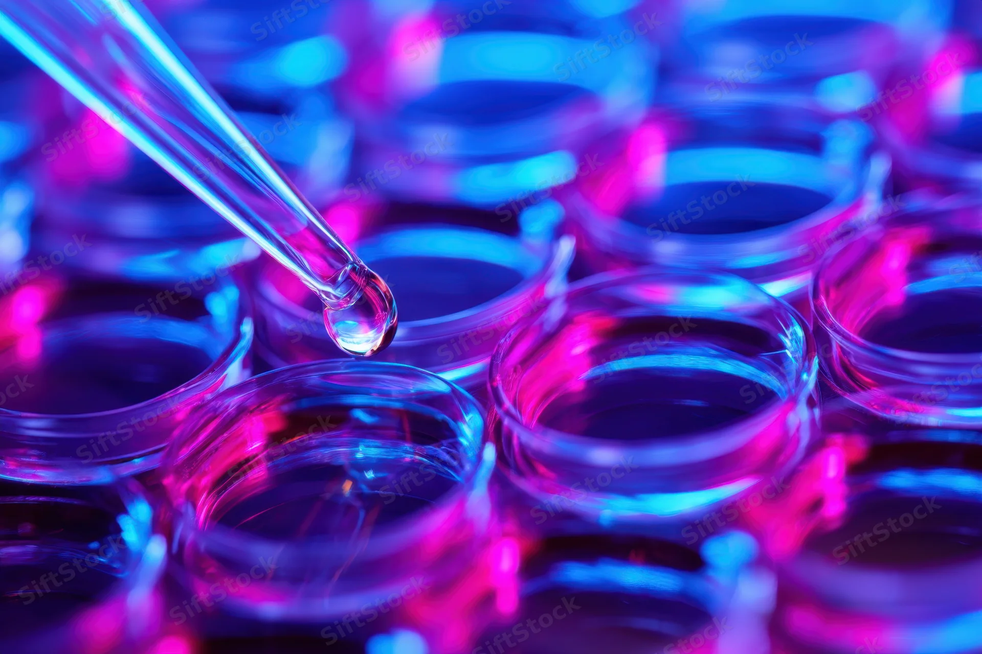 Glass pipette releasing a droplet onto petri dishes in a lab under neon lighting