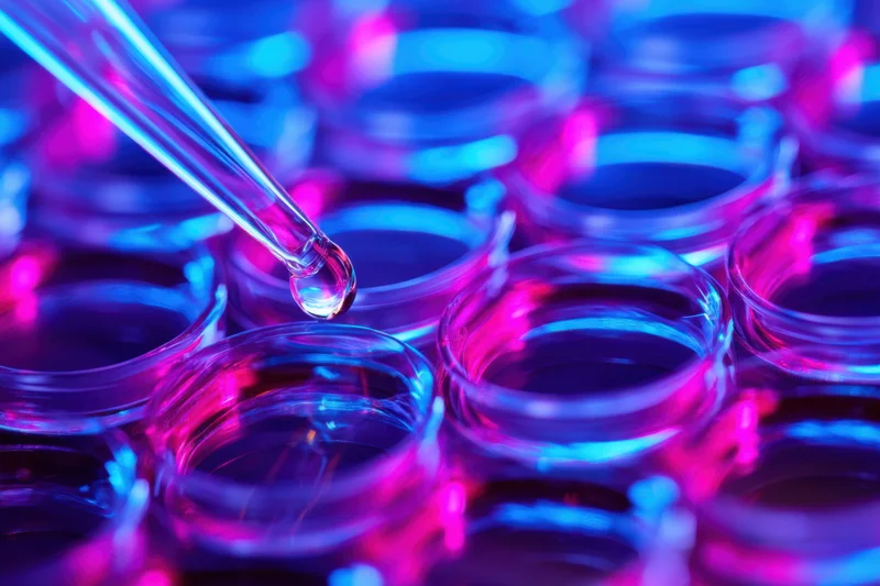 Glass pipette releasing a droplet onto petri dishes in a lab under neon lighting