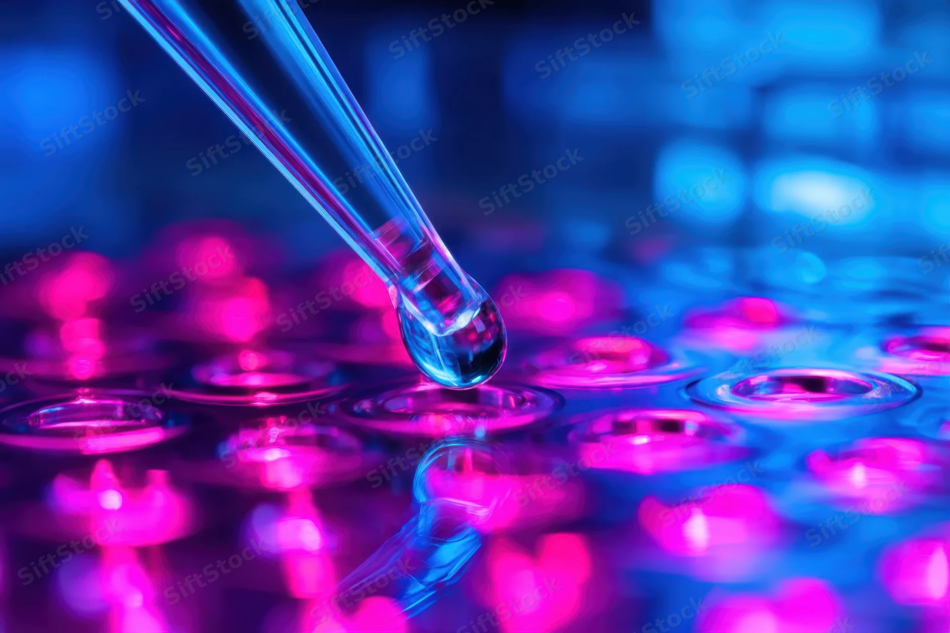 Glass pipette releasing a droplet onto a microtiter plate in a laboratory setting