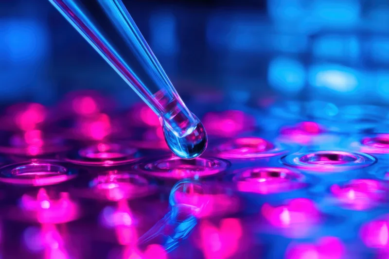 Glass pipette releasing a droplet onto a microtiter plate in a laboratory setting
