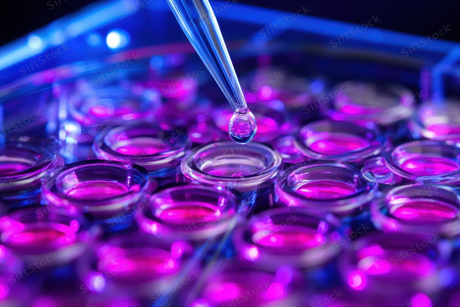 Glass pipette releasing a droplet onto a microplate well in a laboratory setting