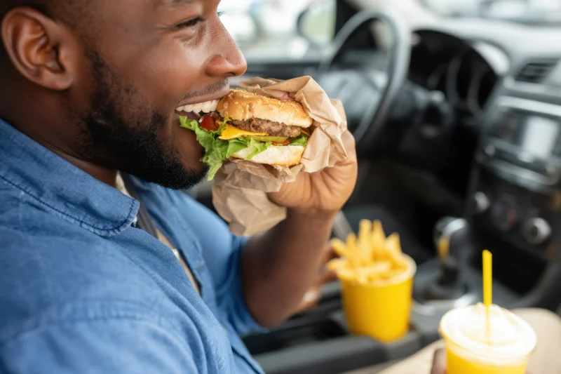 Man eating a cheeseburger in a car with fries and soda on the console