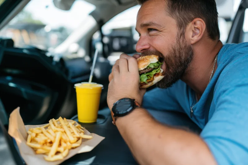 Man eating burger in car interior with fries and drink on console