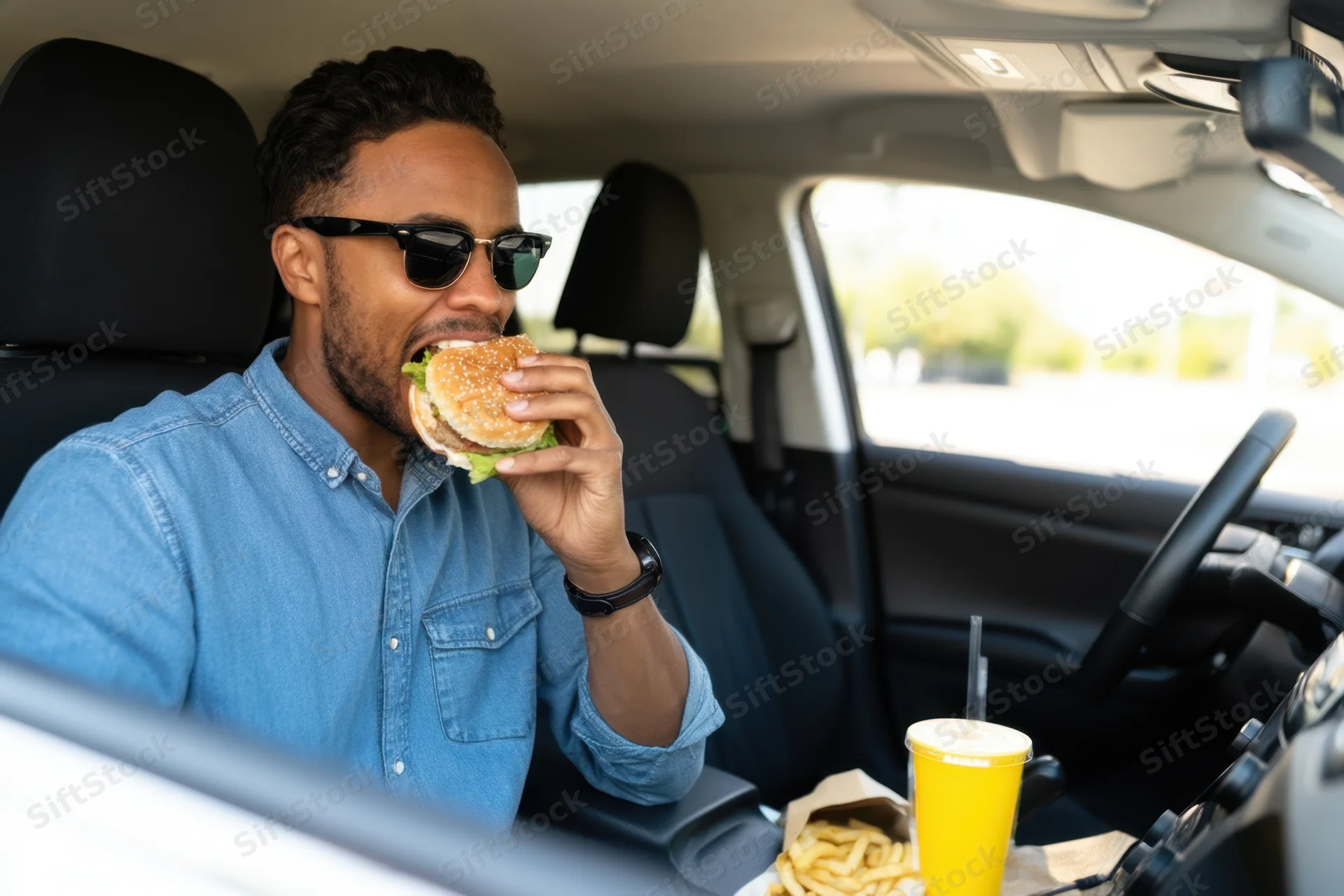 Man eating hamburger in car interior while wearing sunglasses and denim shirt