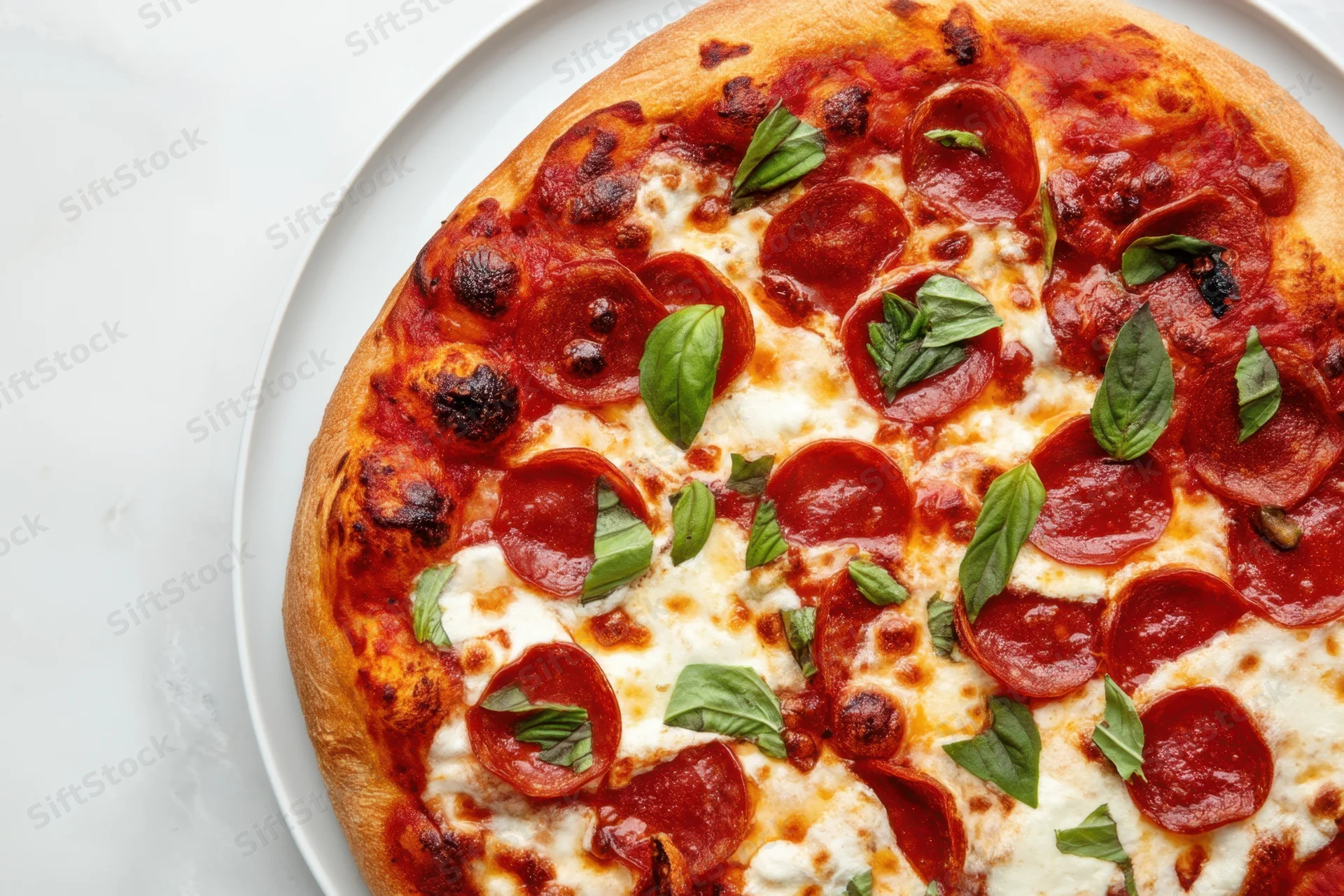Pepperoni and mozzarella pizza topped with fresh basil on a white plate viewed from above