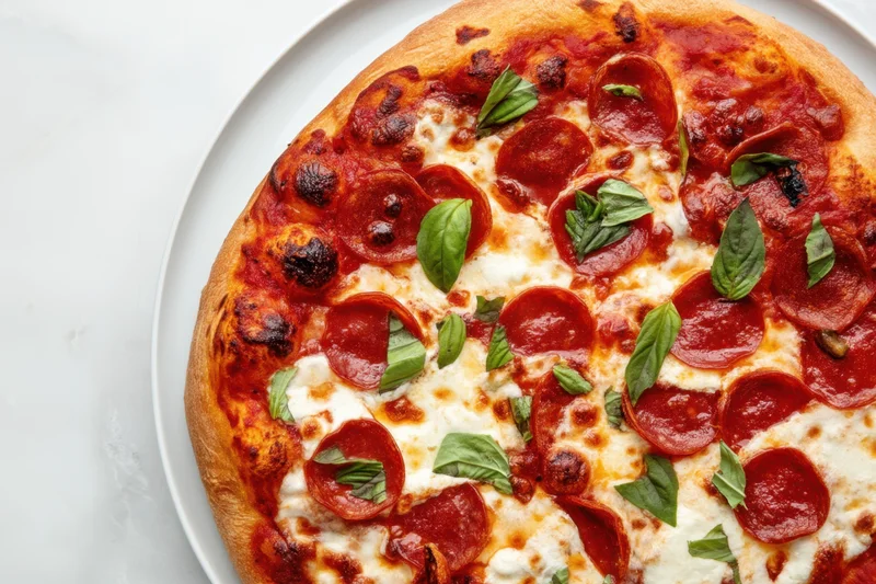 Pepperoni and mozzarella pizza topped with fresh basil on a white plate viewed from above