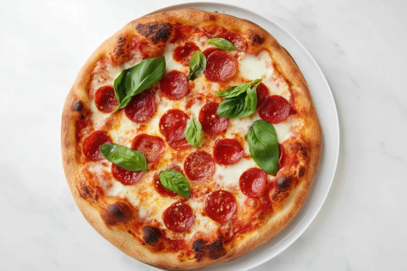 Pepperoni and mozzarella pizza with fresh basil leaves on a white plate atop a marble surface