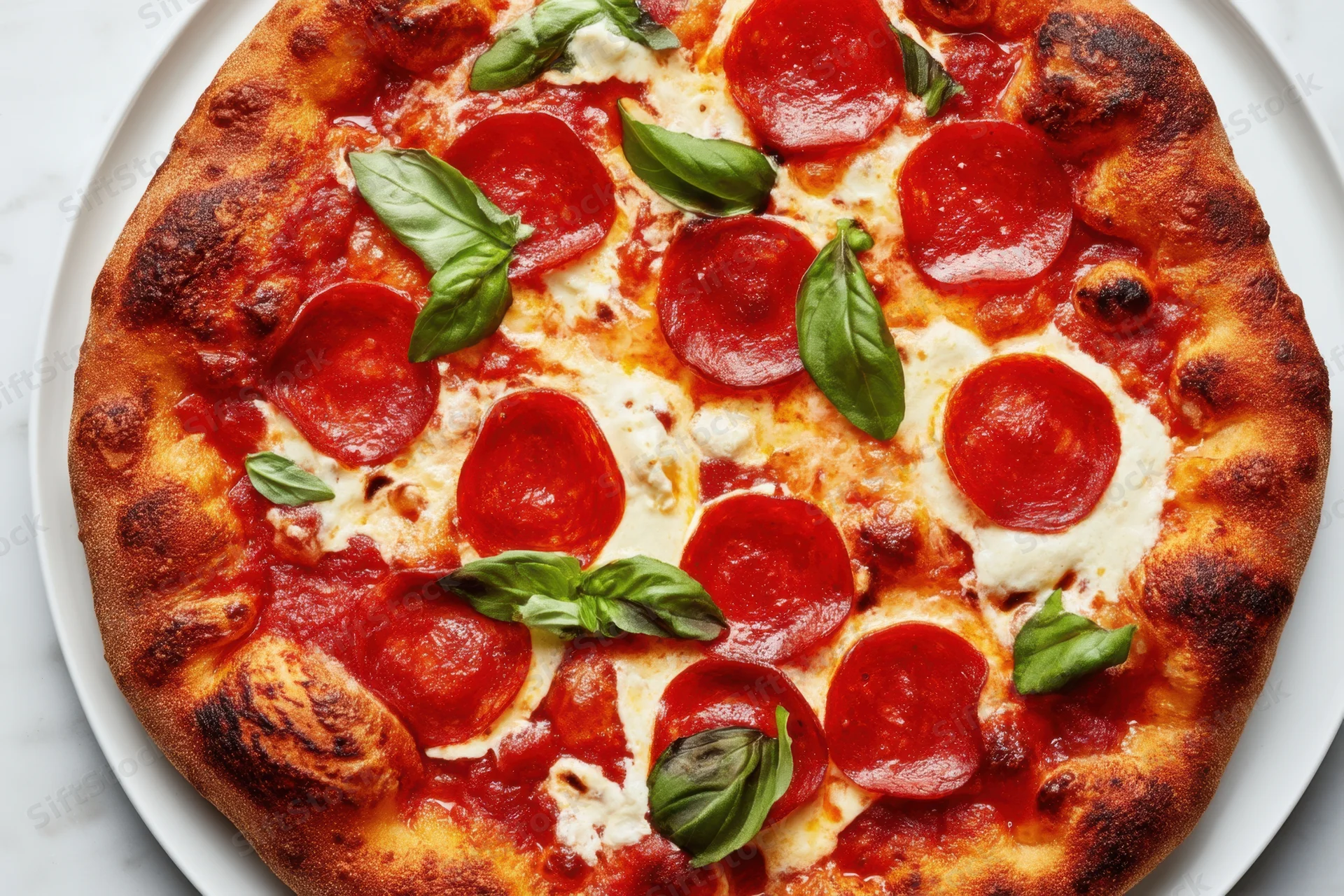 Pepperoni and mozzarella pizza with fresh basil on a white plate, overhead view