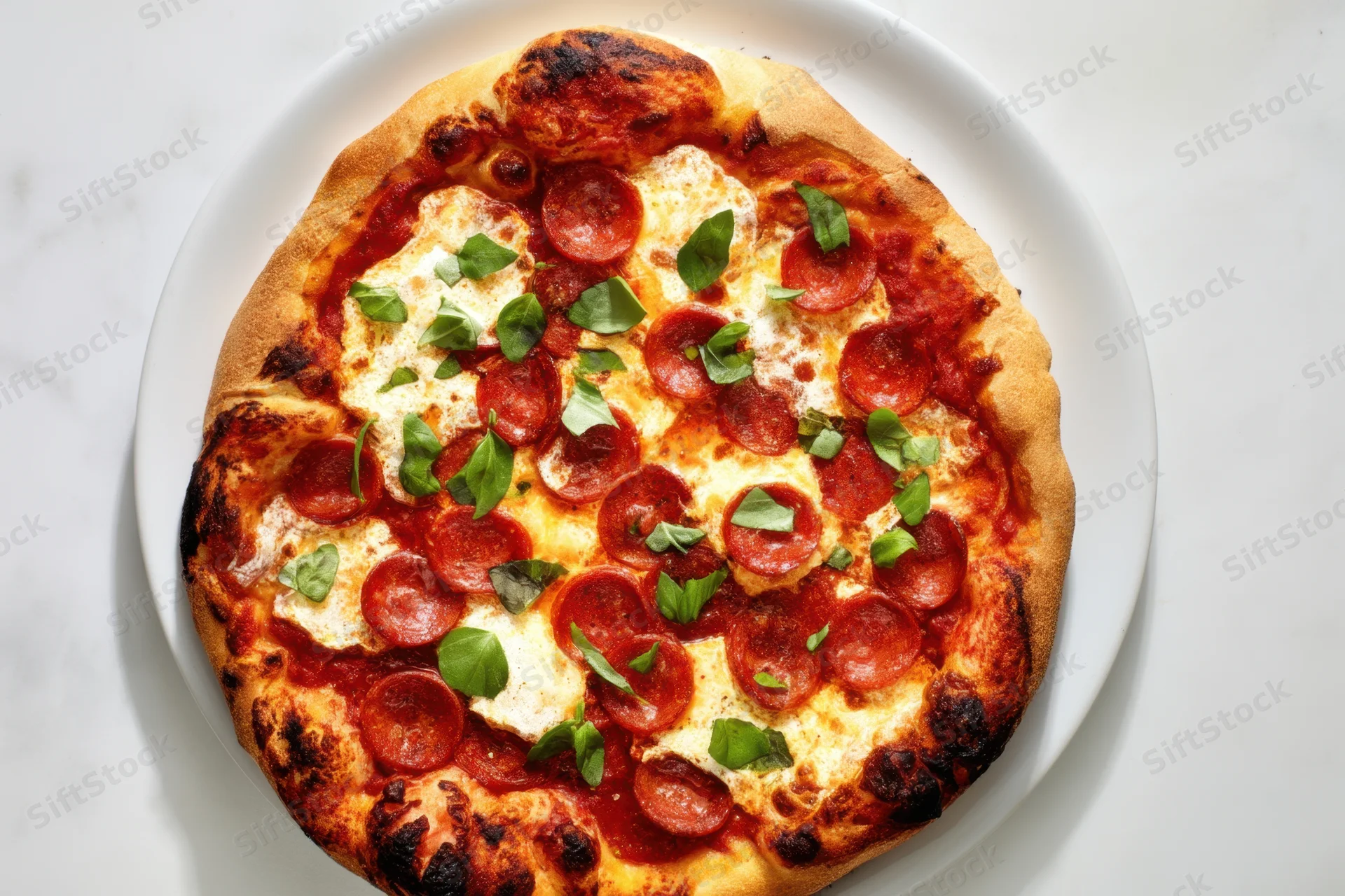 Pepperoni and mozzarella pizza topped with fresh basil on a white plate over marble surface