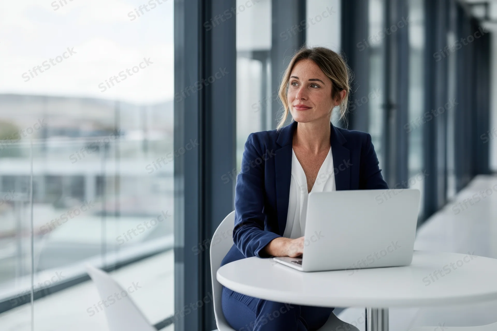 Woman in navy blazer and white blouse sitting at a white table with laptop in modern office near large window