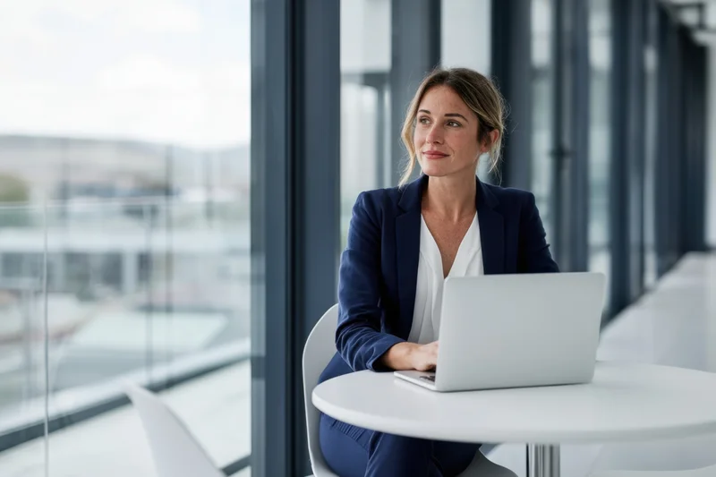 Woman in navy blazer and white blouse sitting at a white table with laptop in modern office near large window