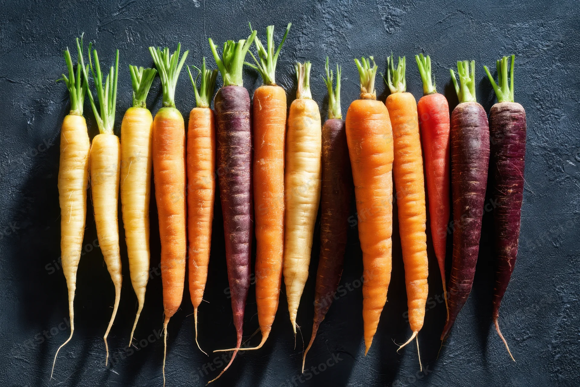 Row of colorful carrots arranged in a rainbow pattern on dark surface