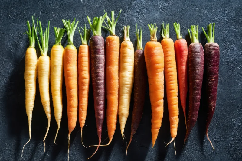 Row of colorful carrots arranged in a rainbow pattern on dark surface