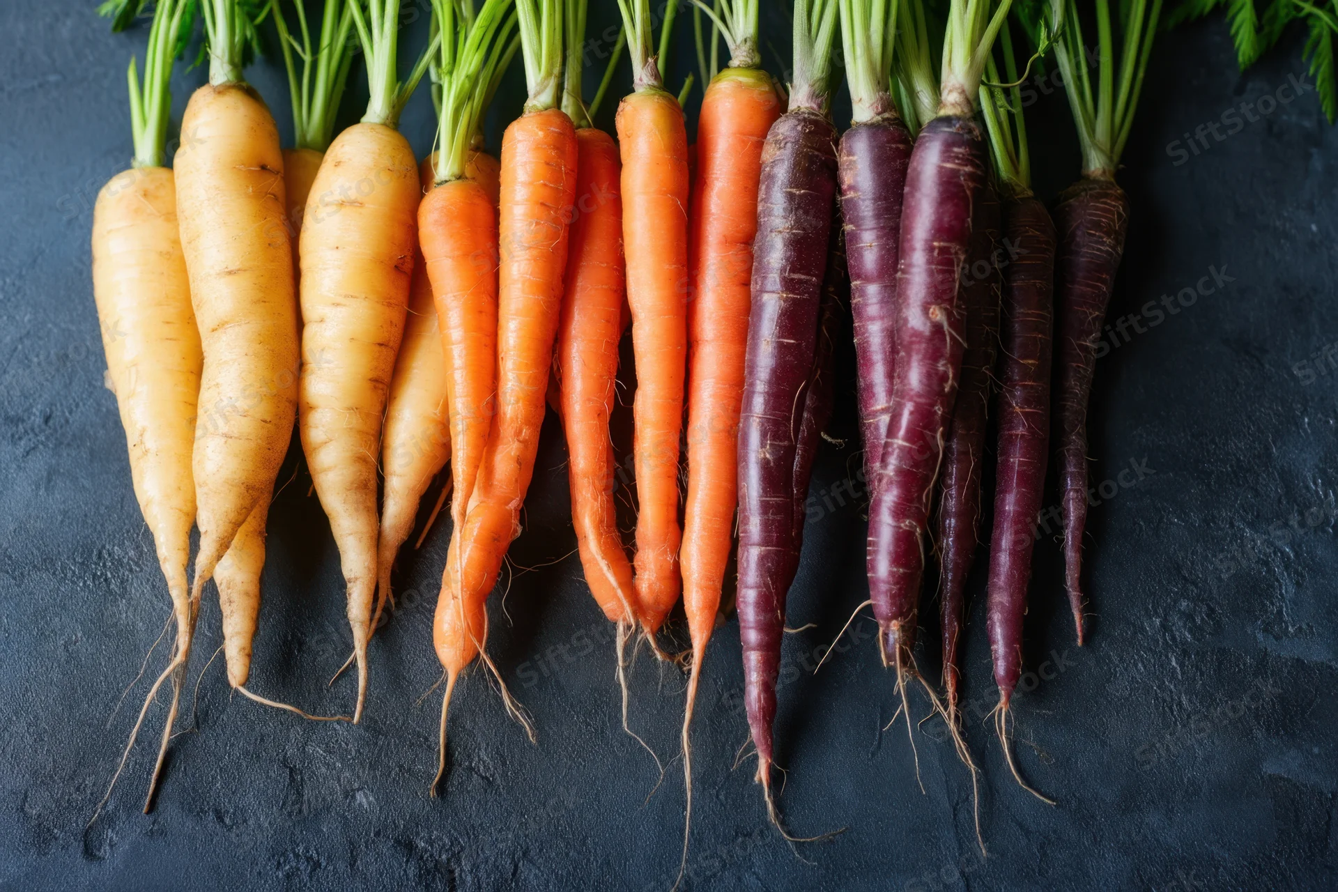 Row of fresh carrots in rainbow colors from pale yellow to deep purple arranged on dark slate surface