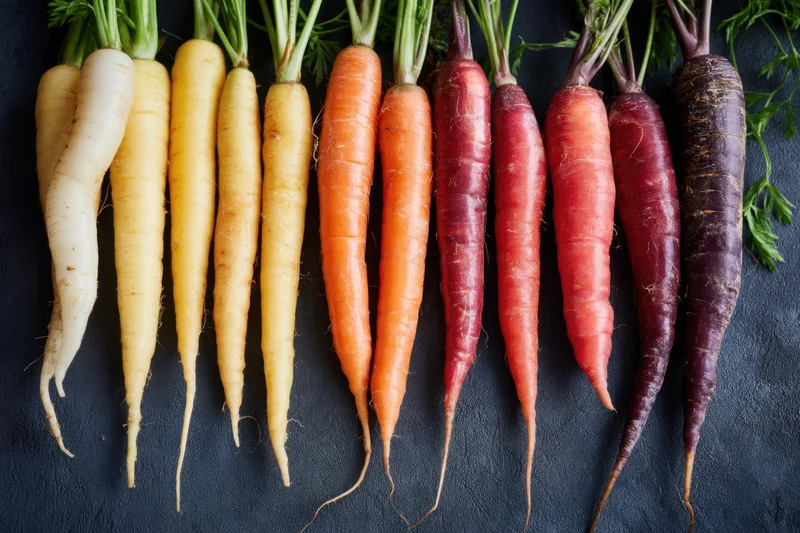 Row of fresh carrots in rainbow colors arranged on dark slate surface