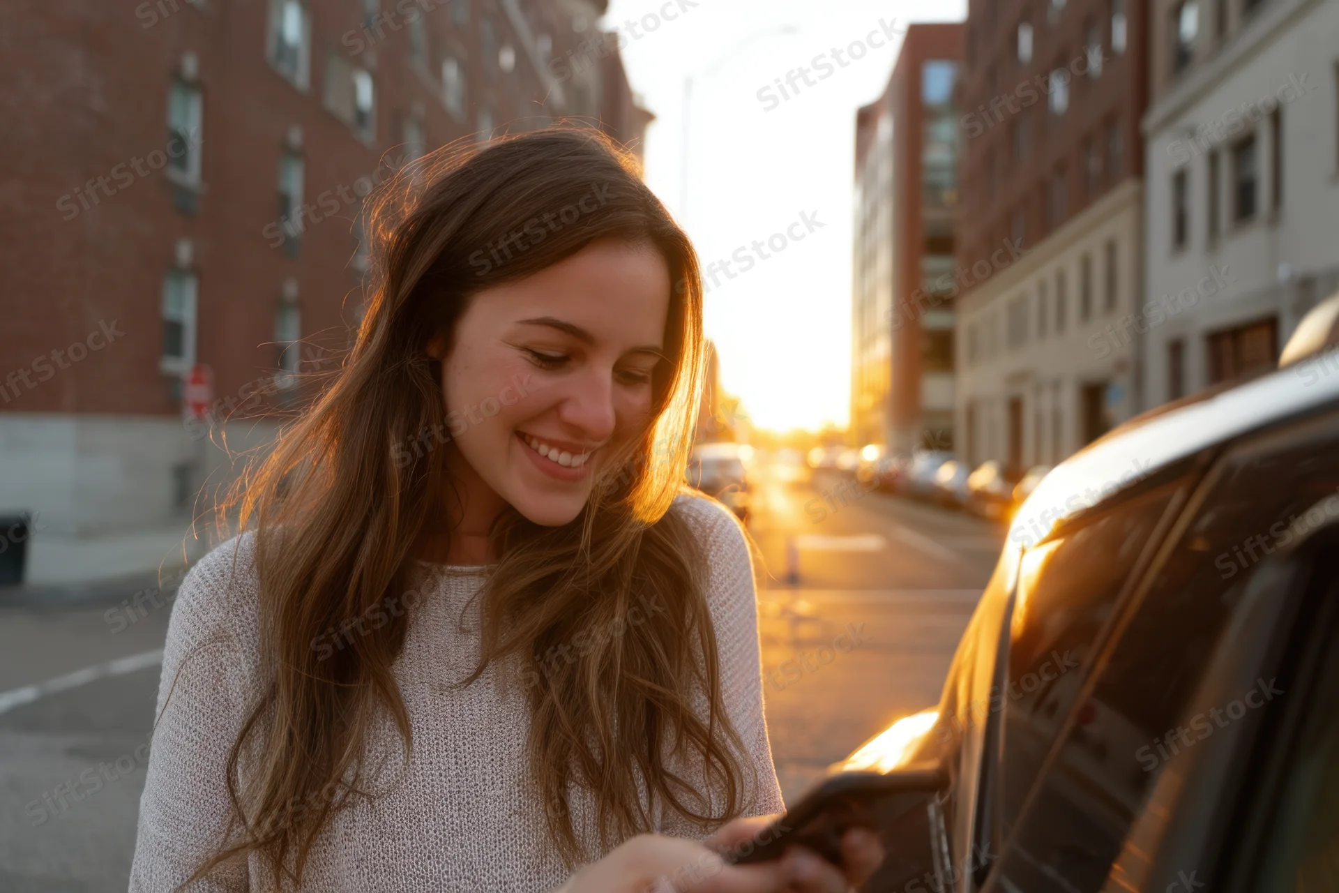 Young woman smiling while using smartphone on city street at sunset
