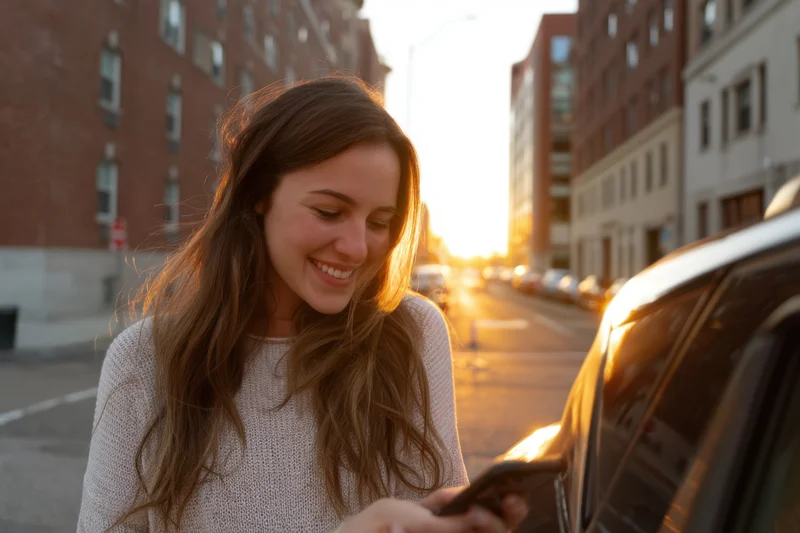Young woman smiling while using smartphone on city street at sunset