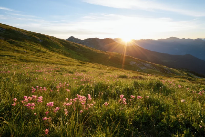 Sunlit alpine meadow with pink wildflowers and distant mountains at sunrise